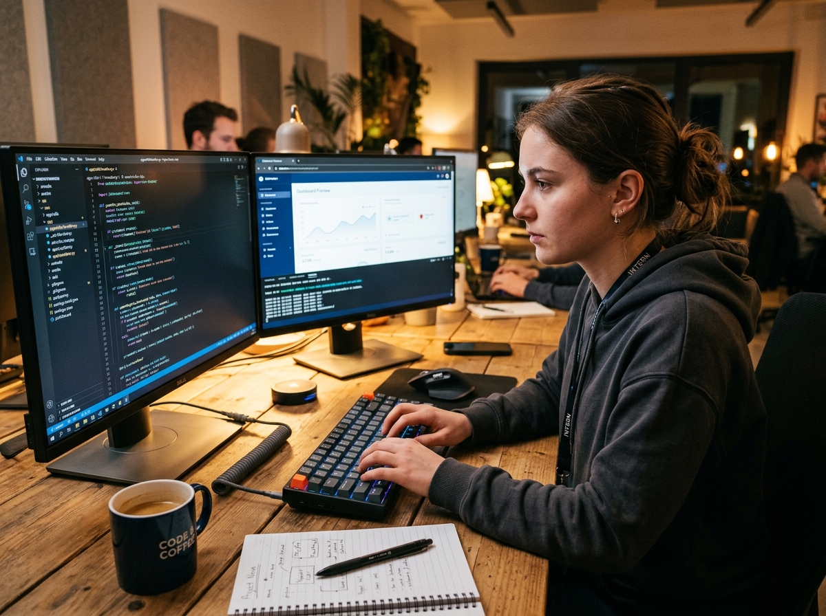 Developer coding with dual monitors and mechanical keyboard